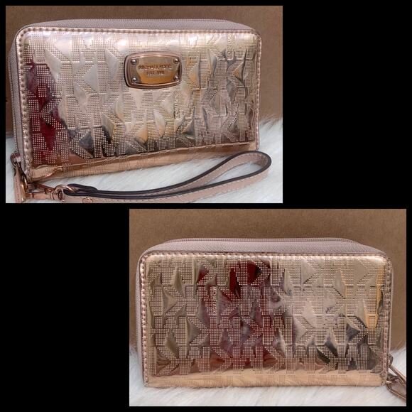MICHAEL KORS Rose Gold Mirror Metallic Medium Size 7" Zip Around Wristlet Wallet - Picture 16 of 16